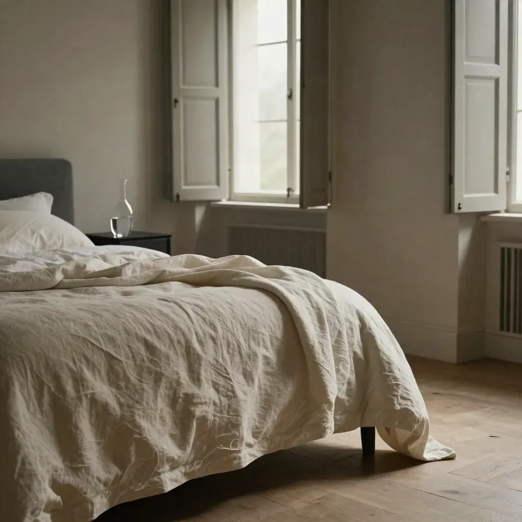 Dormitorio fresco con sábanas de lino, persiana entreabierta y carafe junto a la cama.