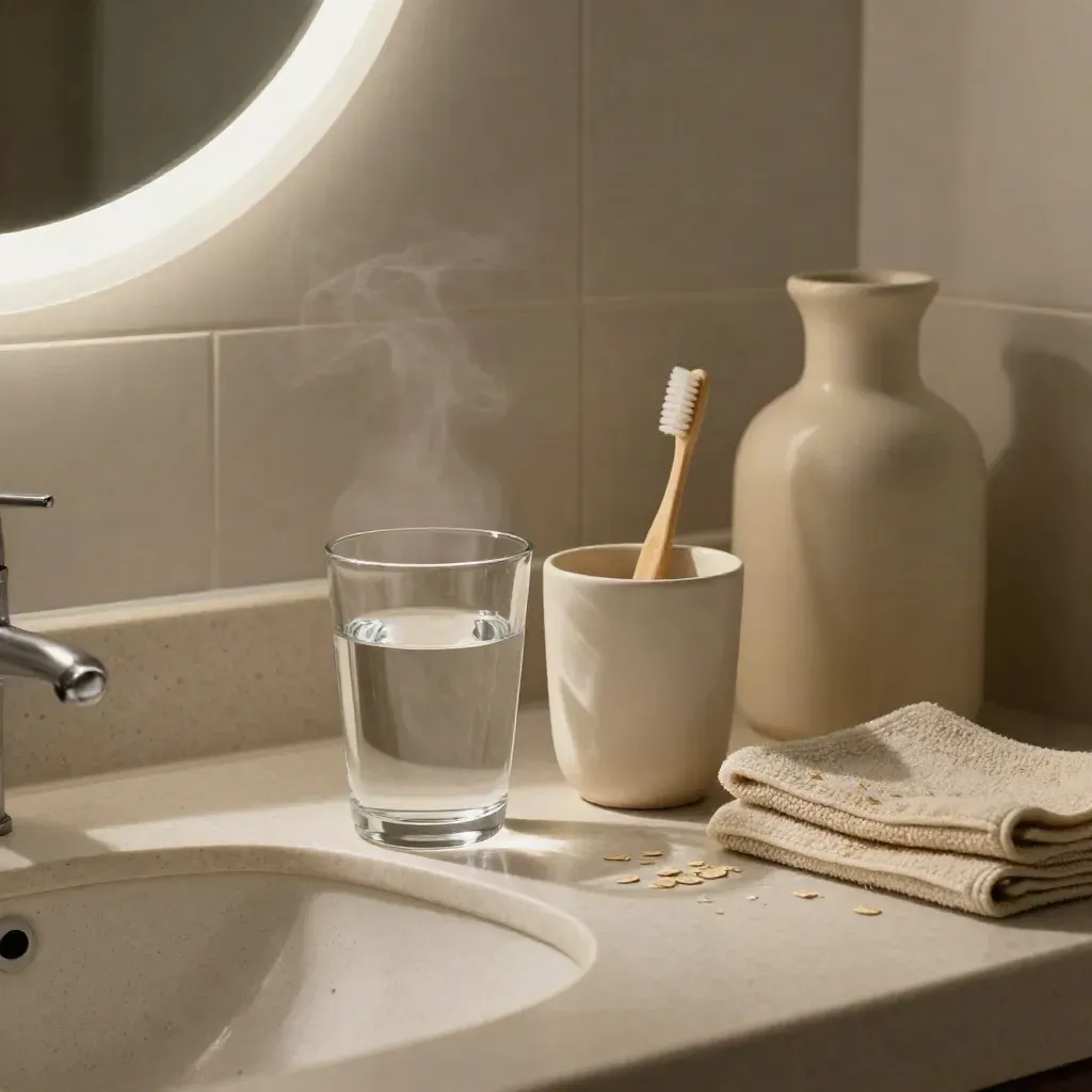 Vaso de agua, cepillo en vaso opaco, toalla doblada y jarra de cerámica en un baño nocturno.