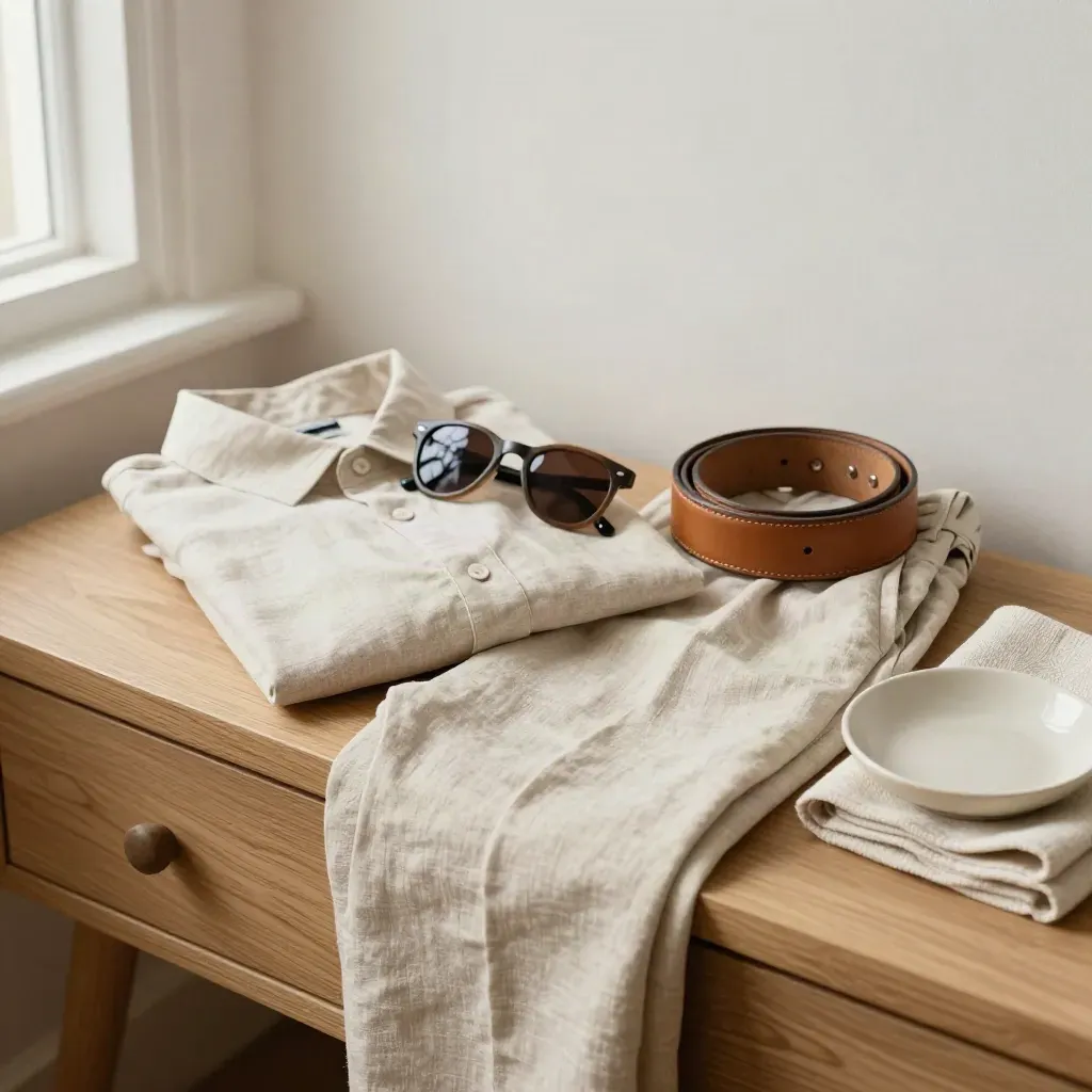 Camisa de lino beige, pantalón recto y cinturón de cuero sobre banco claro, con gafas desenfocadas.